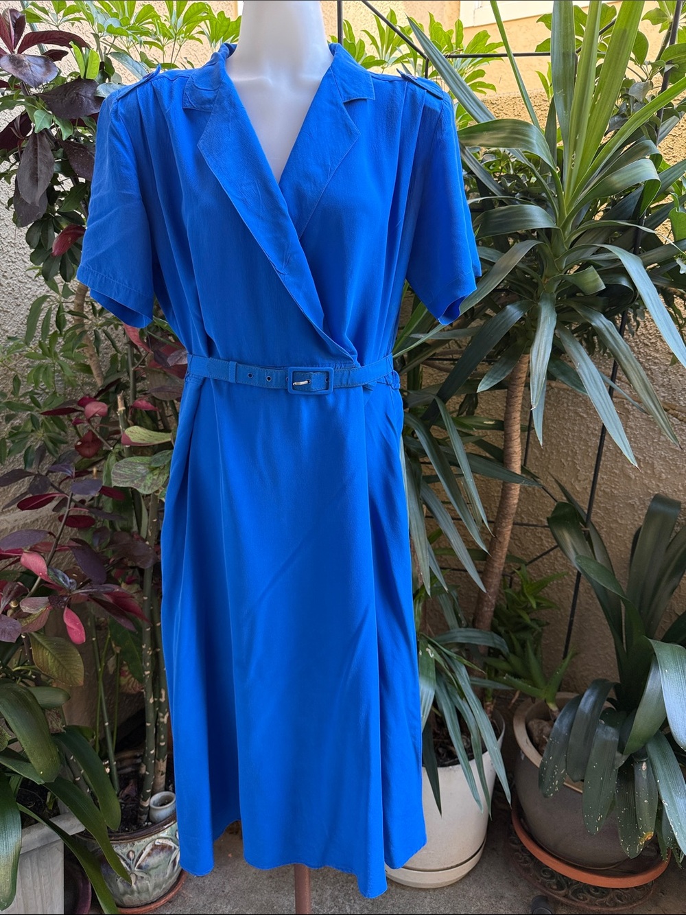 Vintage 80’s Christina Royal Blue Short-Sleeve Belted Midi Silk Dress with Belt